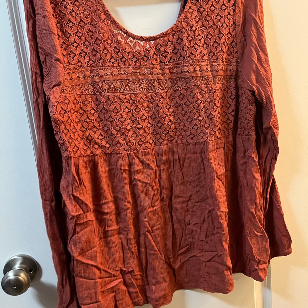 Brown Long Sleeve Pleated Blouse